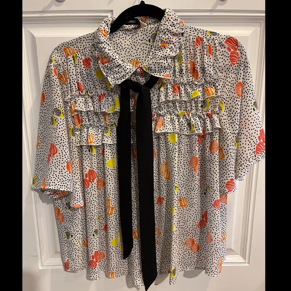 Zara polka dot multicolor blouse with neck tie detail